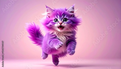 Funny Cartoon of A tiny cat with a combination of pink and magenta hair, in a happy, smiling and jumping pose with a simple background