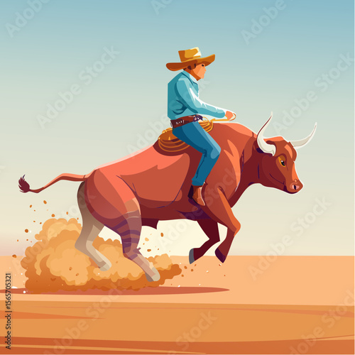 A dynamic Firefly vector of a cowboy riding a bucking bull in mid-action, capturing the energy, movement, and tension of a rodeo moment with bold lines and strong silhouettes. Perfect for western them