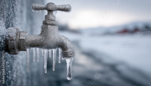 Frozen faucet drips icicles in winter