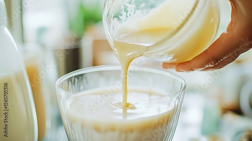 Woman pouring creamy liquid into glass bowl, kitchen background, recipe preparation