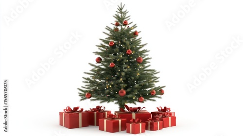 Decorated Christmas tree with gifts, white background, holiday card design