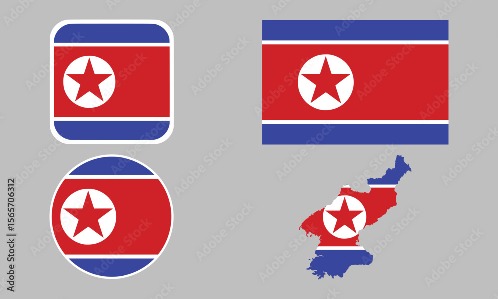 Naklejka premium North Korea flag set of icons. A set of flags in square, rectangular, map, and round shapes. Flag icon.