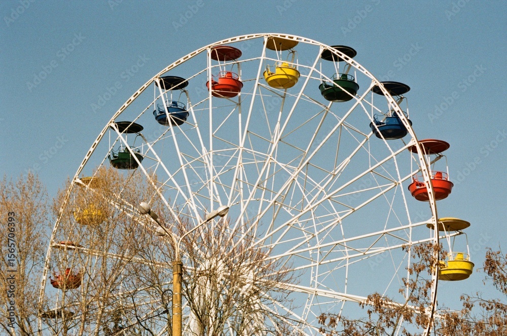 Fototapeta premium Colorful Retro Ferris Wheel Framed by Bare Trees