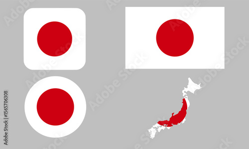 Japan flag set of icons. A set of flags in square, rectangular, map, and round shapes. Flag icon.