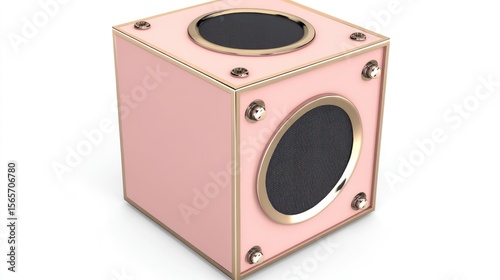 Pink cube speaker, studio shot, white background, audio