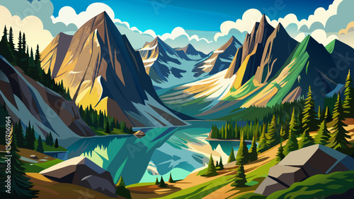 In Rocky Mountain National Park, alpine lakes sparkle below dramatic peaks, with elk grazing peacefully in the valley and crisp air surrounding the scene.