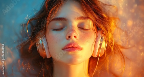 Serene Woman Listening to Music with Headphones