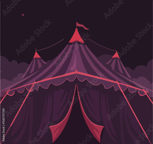 Purple circus tent with red accents under dark night sky for Halloween  