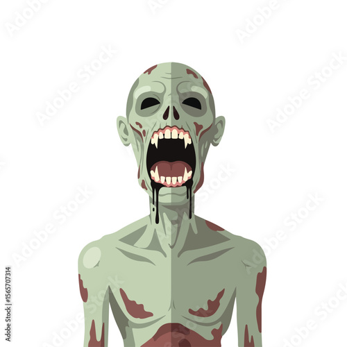 Zombie character screaming with open mouth and blood on white background  