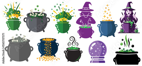 Colorful witches' cauldrons with magical ingredients for Halloween  