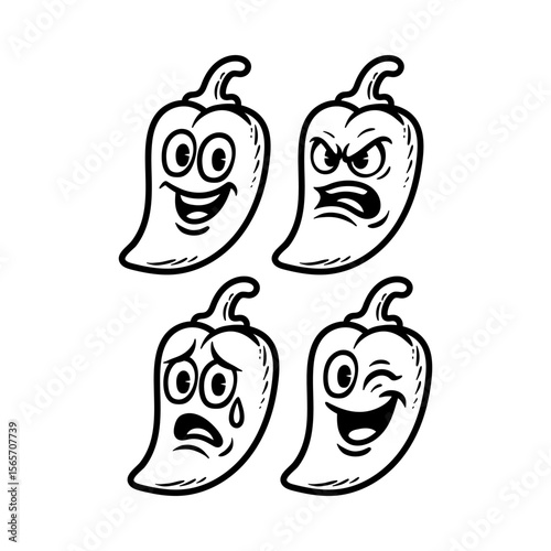 fun chilli pepper expression compilation cartoon character isolated drawing line style sketch classic vintage design illustration
