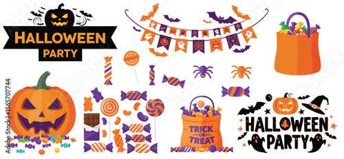 Halloween decorations including pumpkin and candies for festive party  