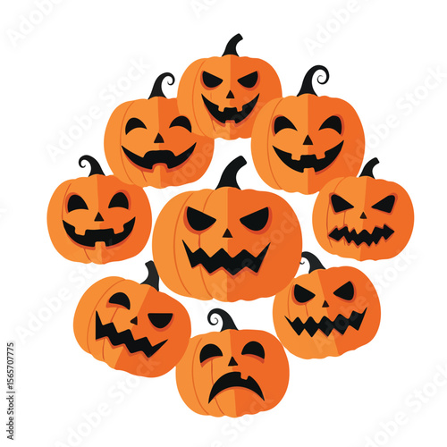 Group of Halloween pumpkins with various expressions on white background  