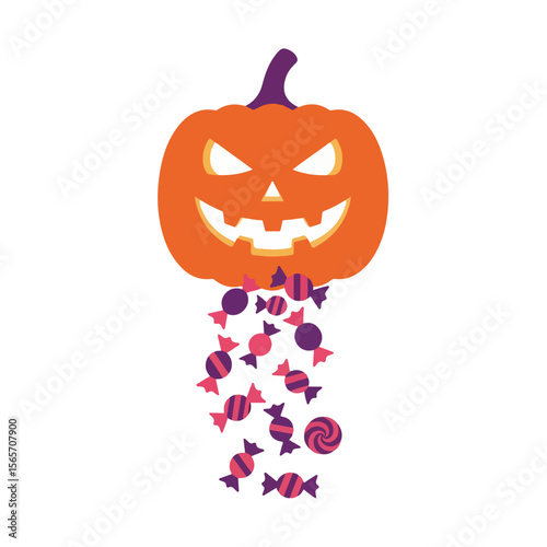 Halloween pumpkin with candies spilling out in vibrant colors  