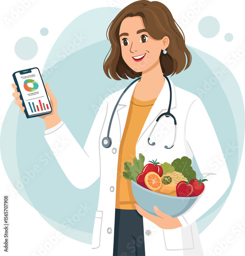 Dietitian showing healthy food and nutrition app for wellness and weight loss management plan advice