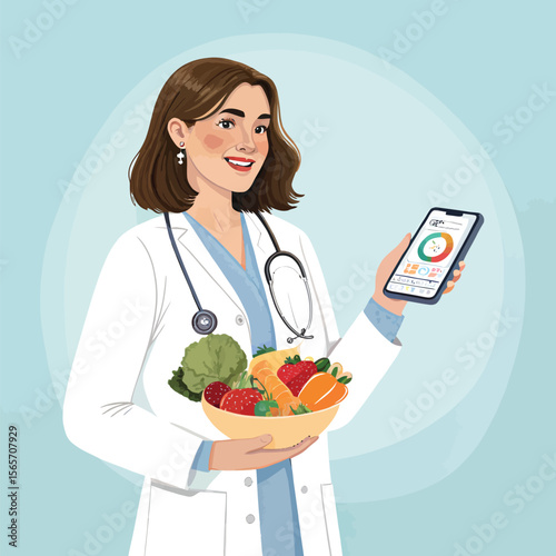 Nutritionist doctor promoting healthy eating habits and diet app for wellness and nutritional guidance