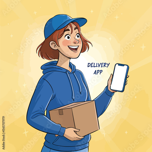 Delivery woman using mobile app for package tracking and fast shipping cartoon illustration vector design