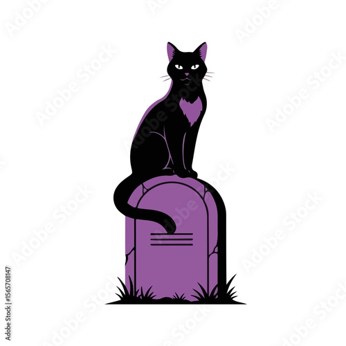 Black cat sitting on a purple gravestone in Halloween setting  