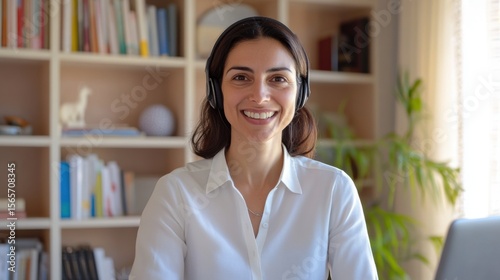 Smiling Woman in Headphones during a Video Conference Call at Home Office