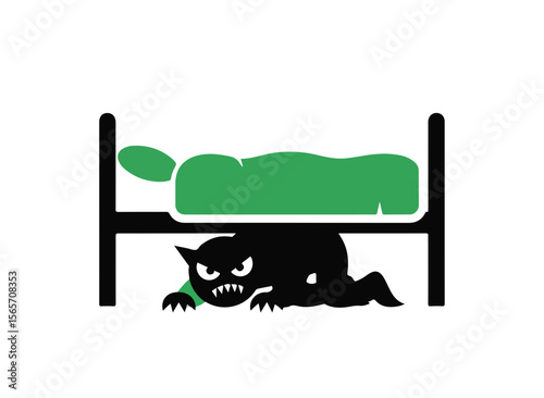 Cartoon monster lurking under bed while person sleeps in green blanket  