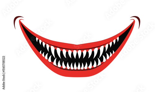 Scary red smiling mouth with sharp teeth on white background, Halloween concept  