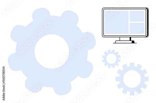 Large gears interact with a computer screen, symbolizing technology integration, system automation, and workflow optimization. Ideal for innovation, progress, technology, development, efficiency