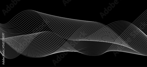 Abstract white wave lines flowing smoothly across a solid black background.