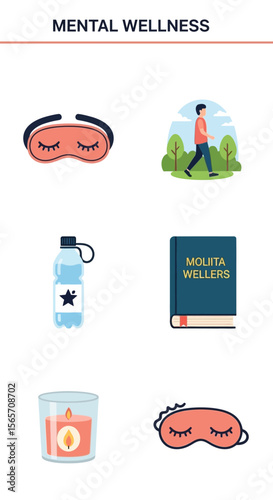 Mental wellness icons depicting sleep mask, walking, water bottle, book, and candle.