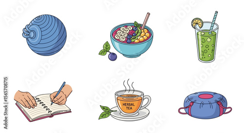 Collection of healthy lifestyle icons, featuring exercise equipment, food, drinks, and relaxation items.