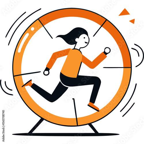 Illustration of a woman running inside a hamster wheel, symbolizing stress, routine, or work-life imbalance.