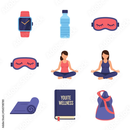 Wellness routine icons: yoga, sleep mask, water bottle, watch, mat, and guidebook.