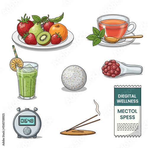 Healthy lifestyle elements: fruits, tea, smoothie, timer, incense, and wellness supplement.