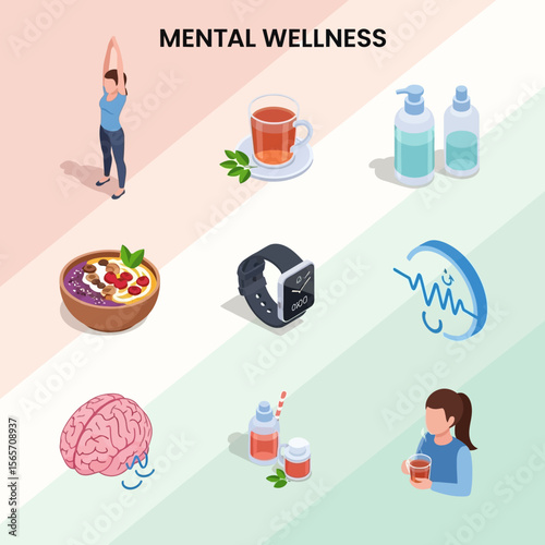 Isometric illustration showcasing elements associated with mental wellness and healthy living.