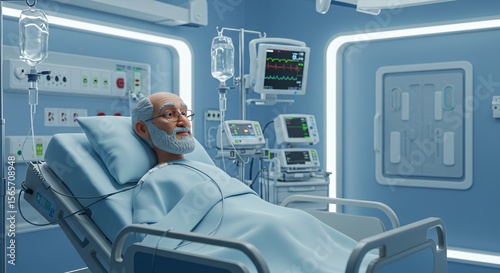 Elderly man rests peacefully in a modern hospital room, connected to medical equipment, a serene scene of recovery and care.