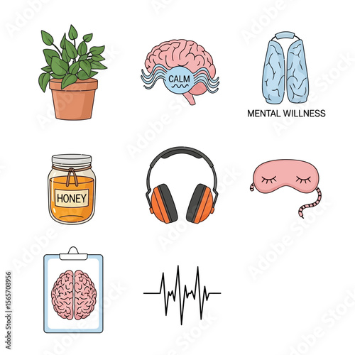Illustrations representing mental wellness, including brain, plant, honey, headphones, and sleep mask.