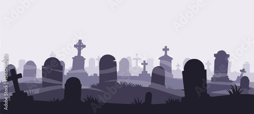 Graveyard silhouettes with tombstones in haunted Halloween landscape  