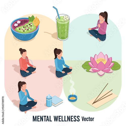 Isometric illustration depicting mental wellness with meditation, healthy food, drink, and calming elements like incense and lotus flower.