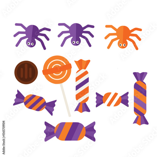 Colorful Halloween candies and spiders in playful design  