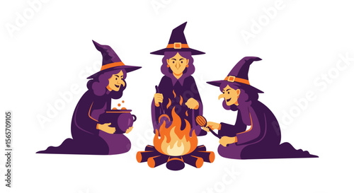 Three cartoon witches brewing potions over a fire for Halloween  