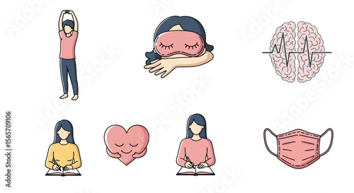 Illustrations depicting various aspects of well-being, including exercise, sleep, and mental health.