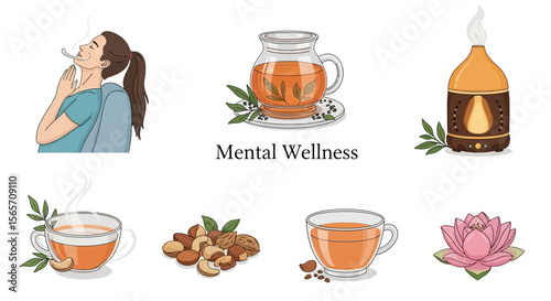 Illustration depicting mental wellness with a woman using an inhaler, tea, nuts, a lotus flower, and an aromatherapy diffuser.