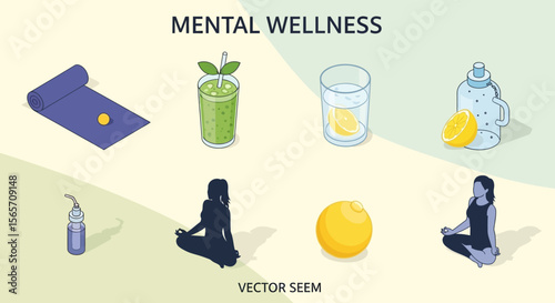 Isometric illustration of various mental wellness activities, including yoga, healthy drinks, and exercise.