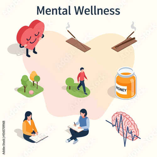 Isometric illustration of various mental wellness activities, including meditation, art, nature, and healthy habits.