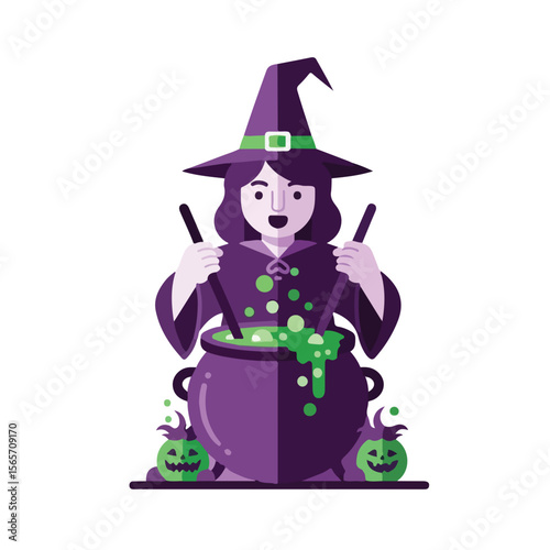 Witch stirring cauldron with glowing potion and Halloween pumpkins  