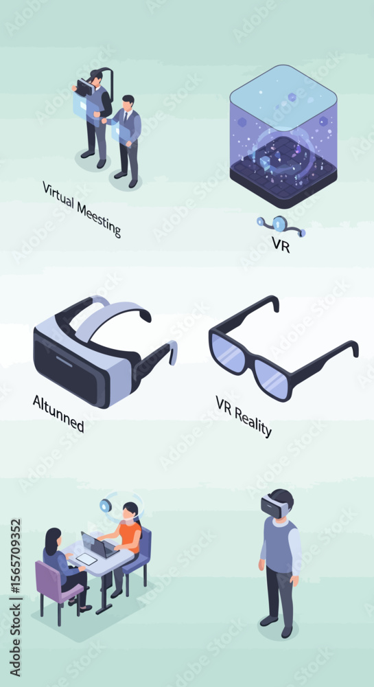 Fototapeta premium Virtual and augmented reality technologies illustrated with isometric icons showing users interacting with VR headsets and environments.