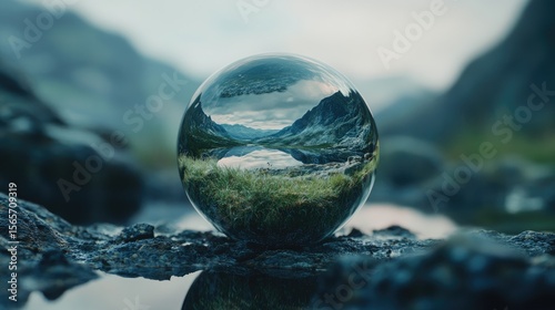A water inspired depiction of drop reflecting a tiny landscape within it, creating a unique visual effect