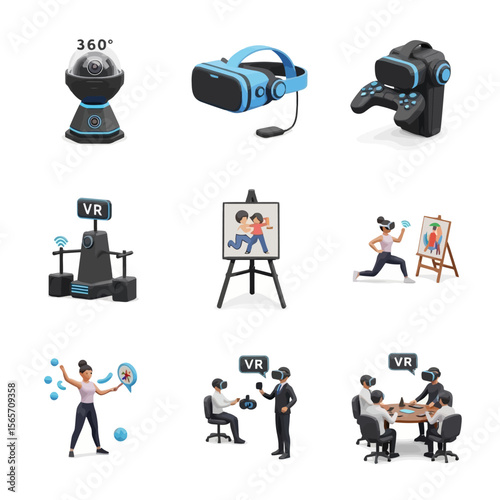 VR technology illustrated with diverse applications, including gaming, art, and business.