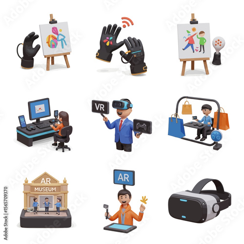 A collection of 3D rendered illustrations showcasing augmented and virtual reality applications, including art creation, gaming, shopping, and museum visits.