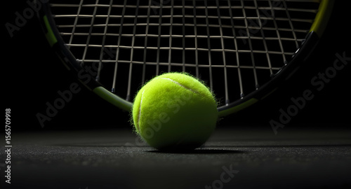 Tennis ball and racket on dark court