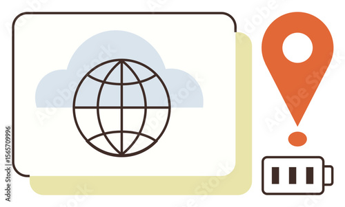Globe inside cloud, GPS location pin, and battery icon illustrating global connectivity, navigation, and energy themes. Ideal for technology, travel, communication, sustainability mobility